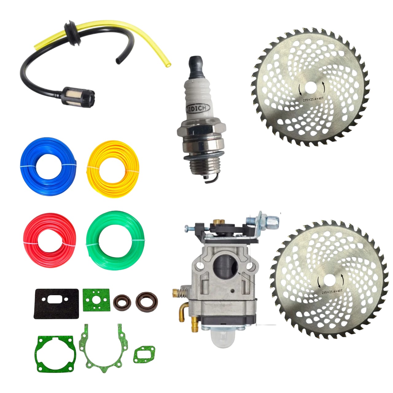 set revizie de primavara Set revizie primăvară pentru motocoasă, carburator gaură mare, bujie, garnituri, 4 fire 2.4 mm, 2 discuri vidia - imagine 1