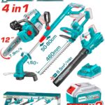 Kit Combo gradinarit TOTAL 20V – drujba, trimmer gard viu, suflanta, trimmer iarba, 2 baterii 4.0Ah, incarcator