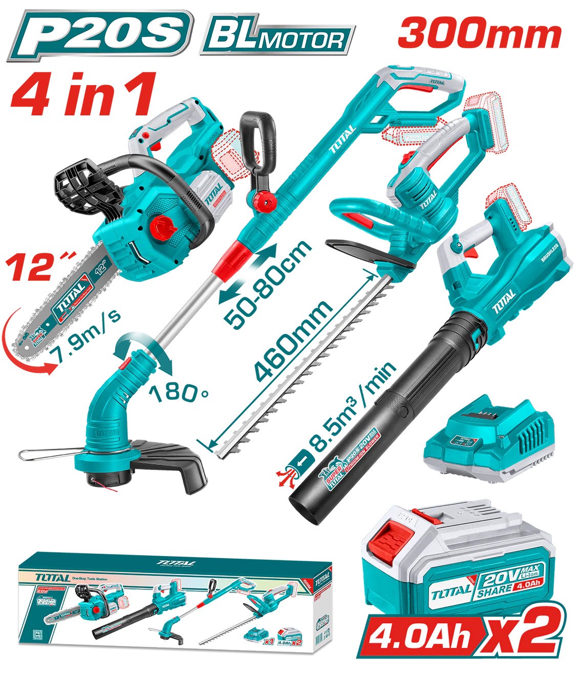 set total Kit Combo gradinarit TOTAL 20V – drujba, trimmer gard viu, suflanta, trimmer iarba, 2 baterii 4.0Ah, incarcator - imagine 1