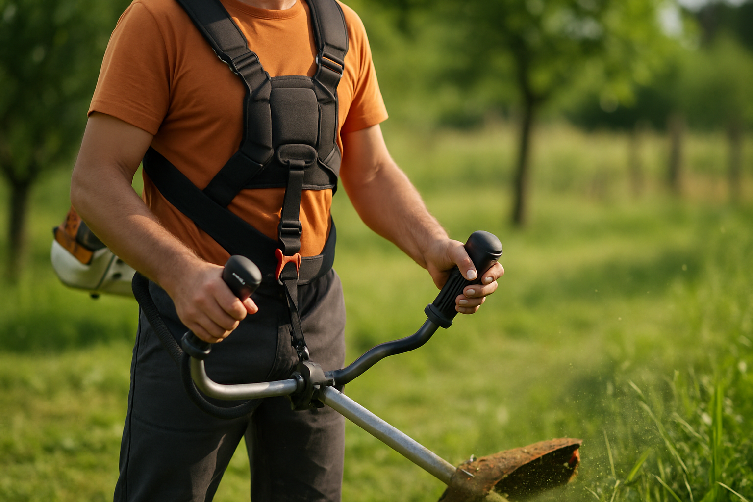 Ham ergonomic și accesorii anti-vibrație motocoasă montate pe motocoasă, prim-plan pe mâner și centură