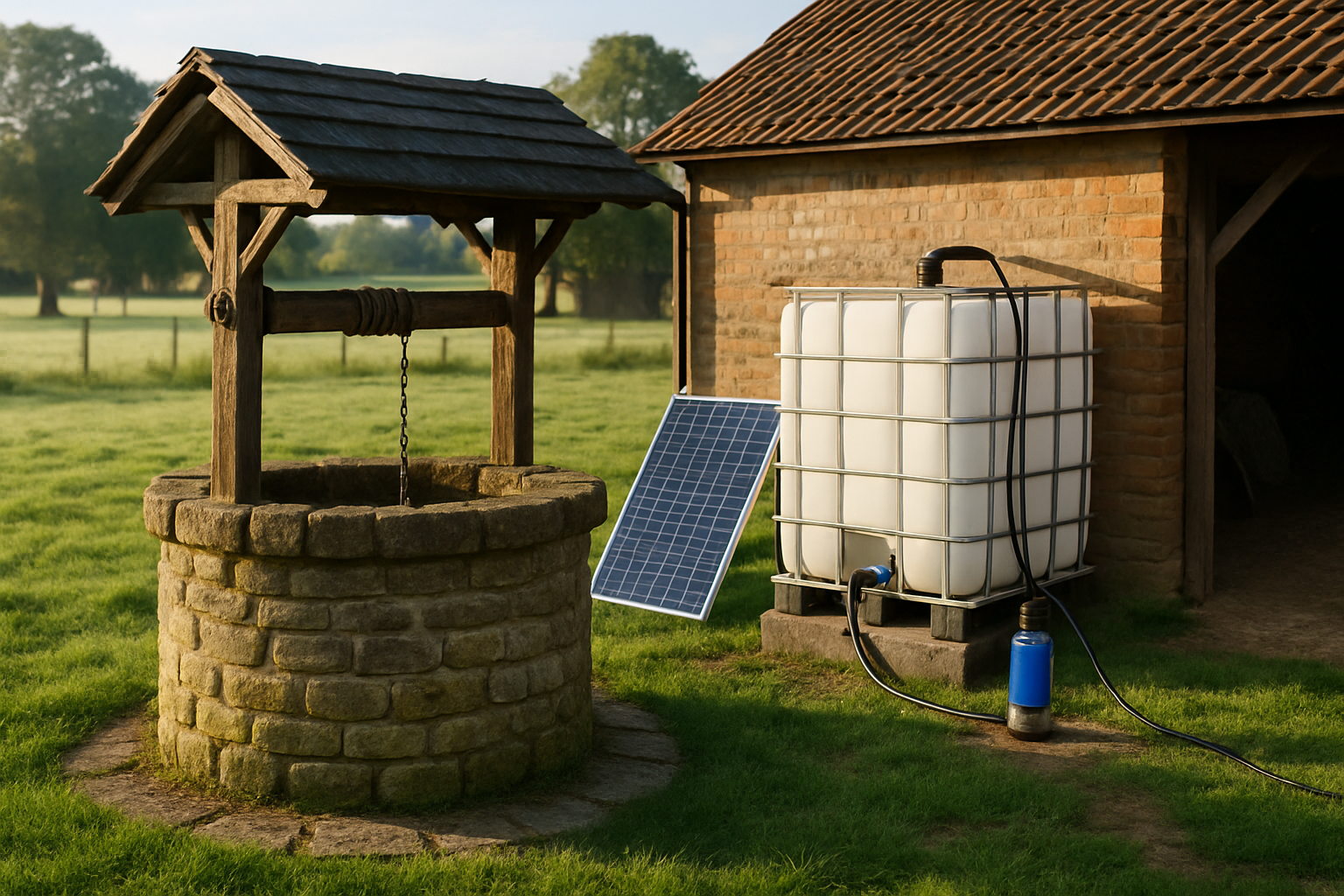 Sistem alimentare apă autonomă cu pompă submersibilă, rezervor și panou solar pentru fermă mică