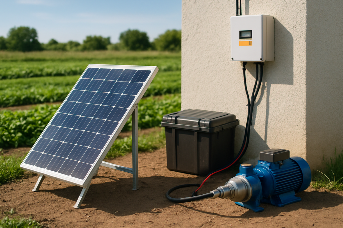instalatie de alimentare pompe baterii cu panou solar mic si invertor