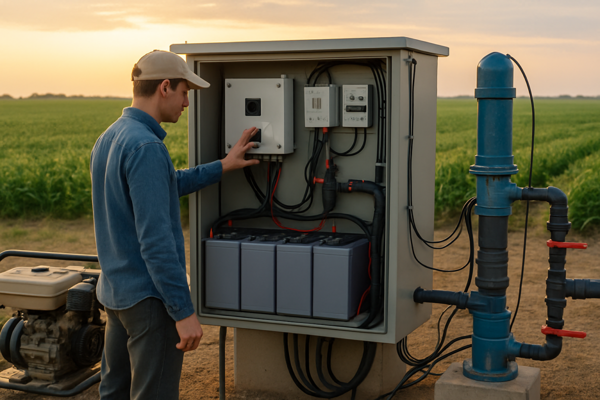 Panou de baterii și generator lângă pompă de irigații — alimentare redundantă pompe