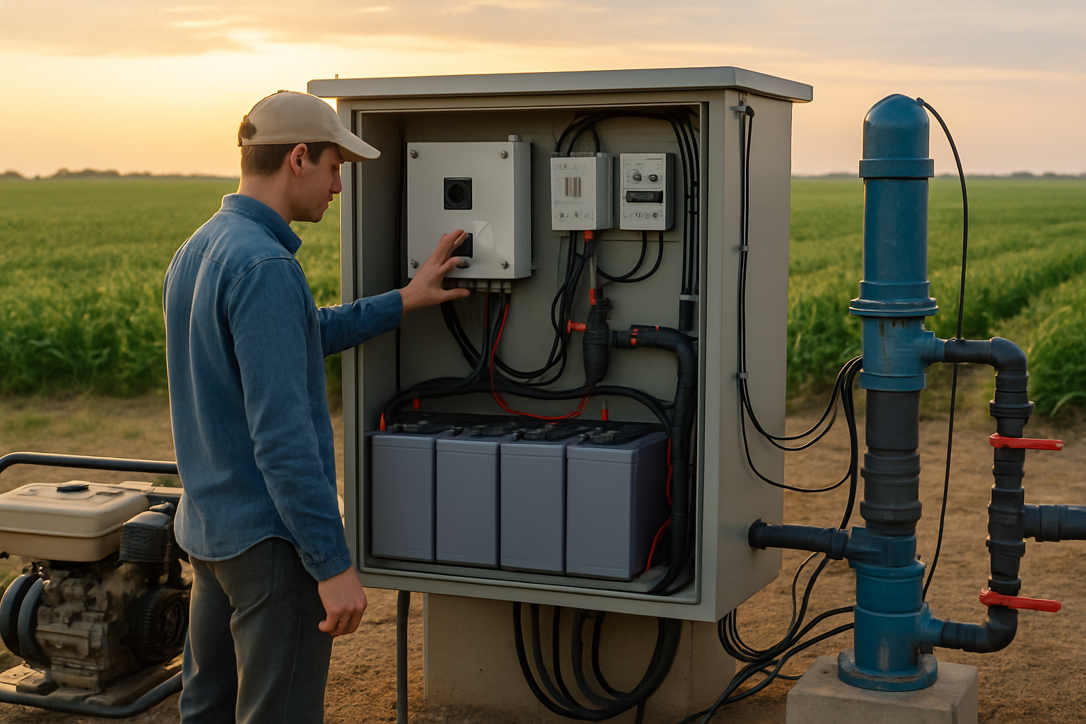 Panou de baterii și generator lângă pompă de irigații — alimentare redundantă pompe