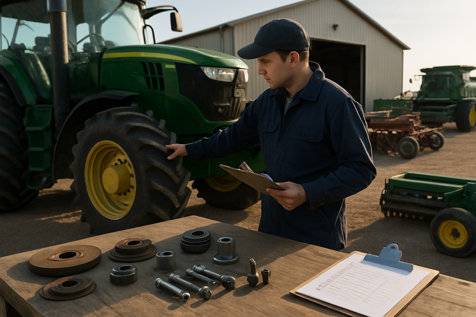 tehnician inspectand tractor pentru audit anual utilaje agricole, checklist pe clipboard