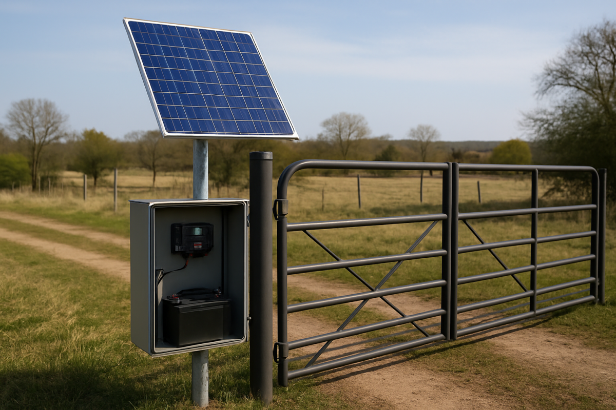 Panou solar pentru automatizare poartă off-grid lângă o poartă batantă
