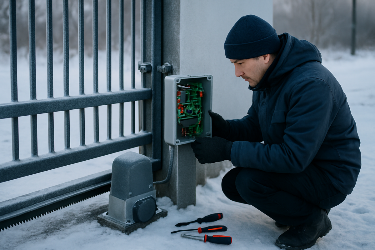 automatizări porți temperaturi scăzute - tehnician verificând componente rezistente la îngheț