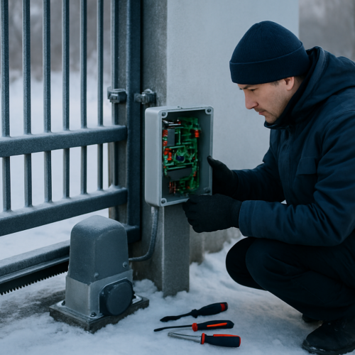 automatizări porți temperaturi scăzute - tehnician verificând componente rezistente la îngheț