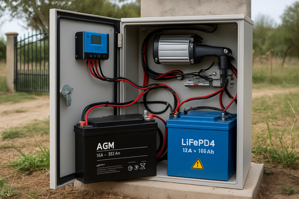 baterie automatizare poartă instalata intr-un dulap exterior, cabluri si controler