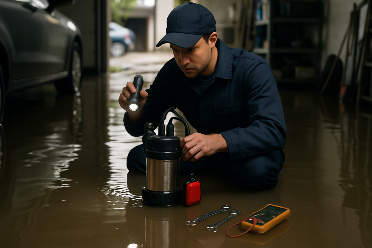 Tehnician inspectând o pompa submersibila pentru diagnostic pompă drenaj într-un garaj inundat