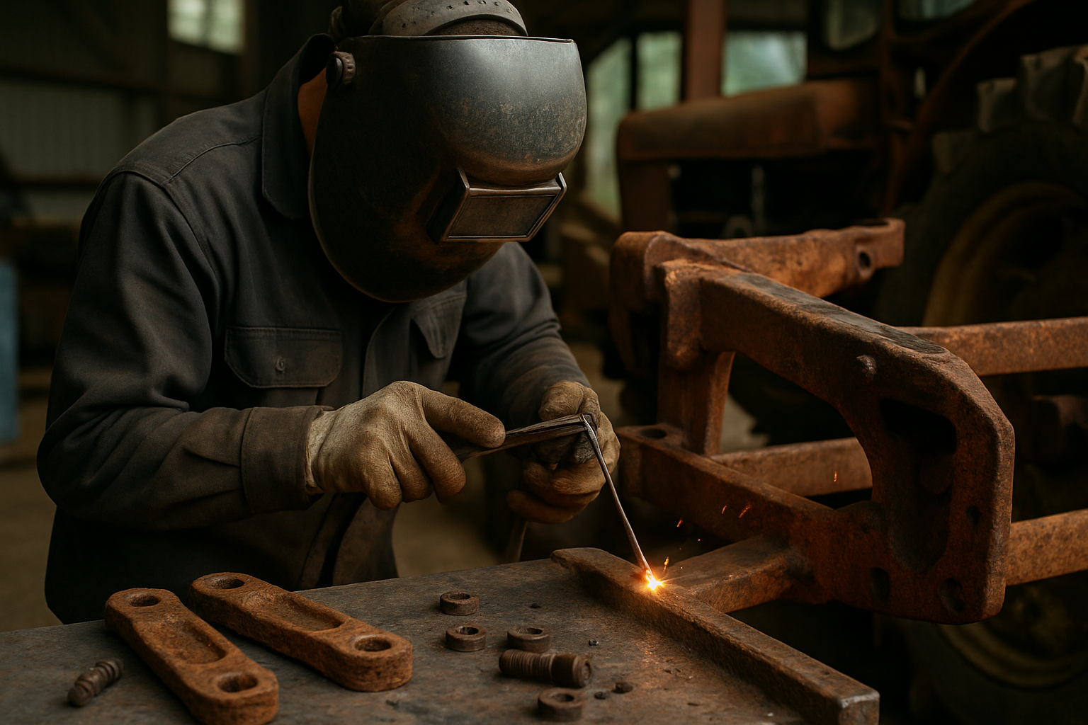 sudor folosind electrod sudură utilaje pentru repararea unui cadru de tractor vechi
