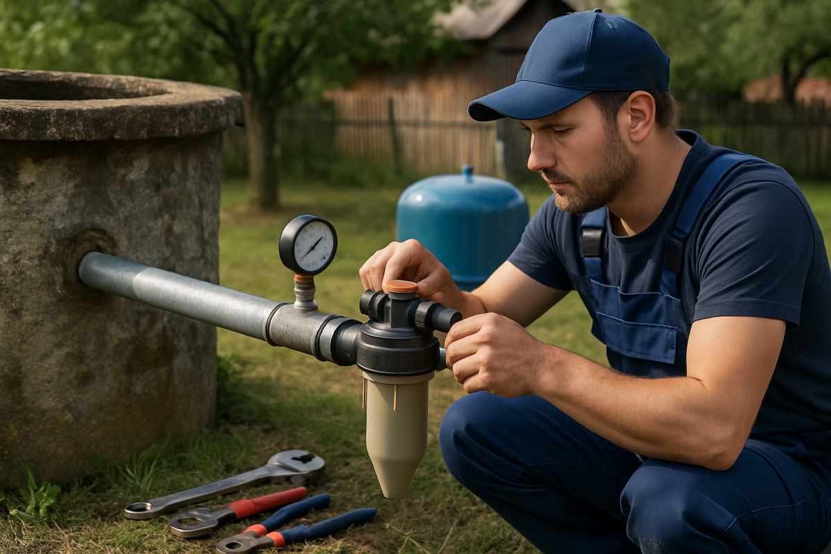 Instalator montând filtru pentru filtrarе pompă submersibilă pe conducta de refulare pentru fântână