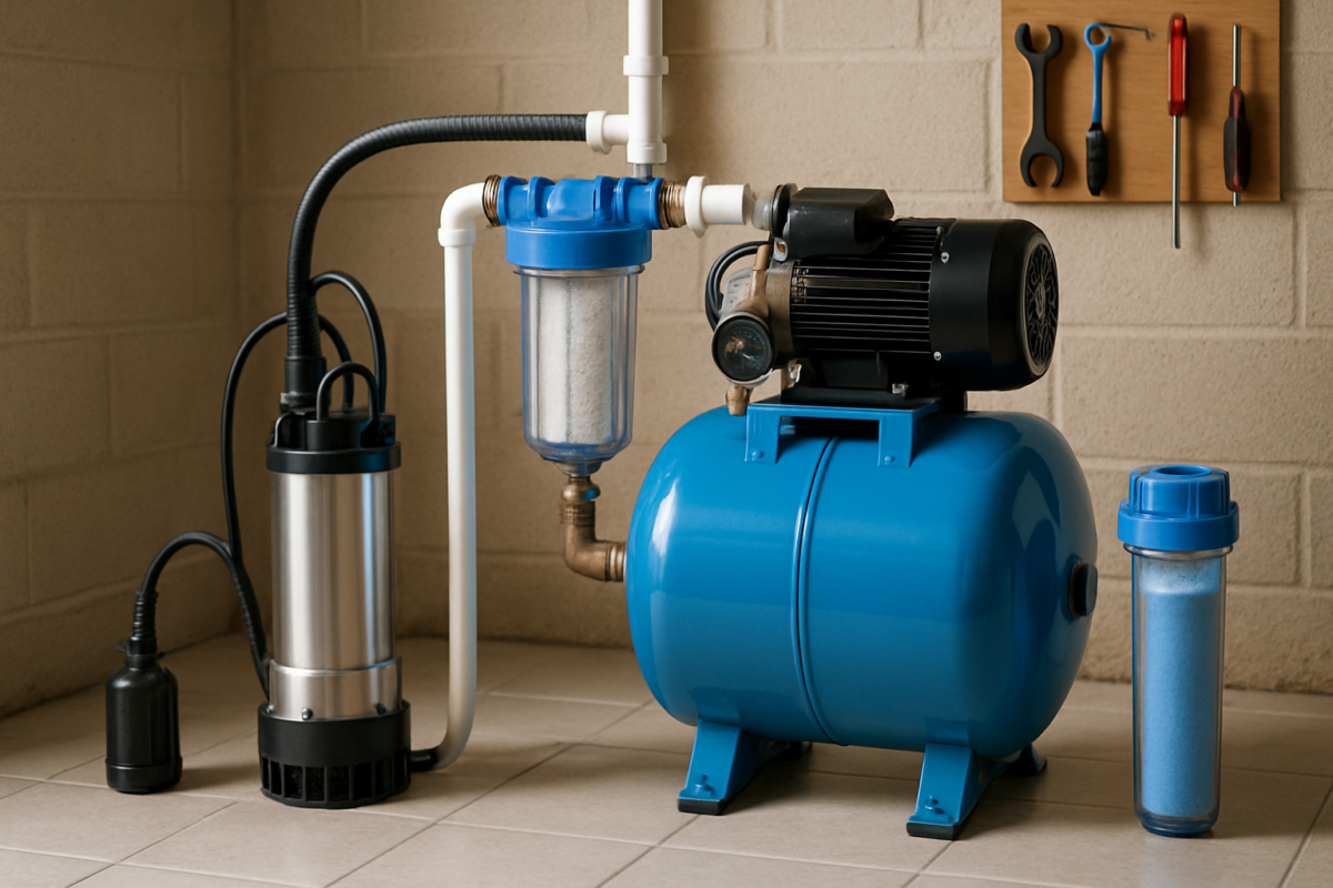 instalatie cu filtre pentru pompe puț montate la un hidrofor, filtru sedimente si anticalcar