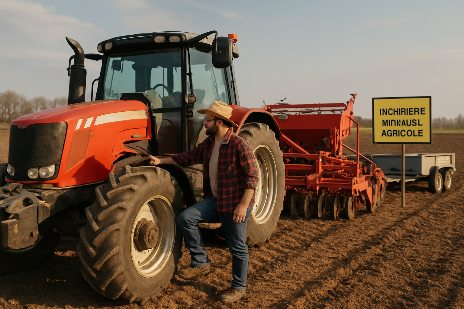 fermier lângă tractor discutând opțiunea de închiriere utilaje agricole