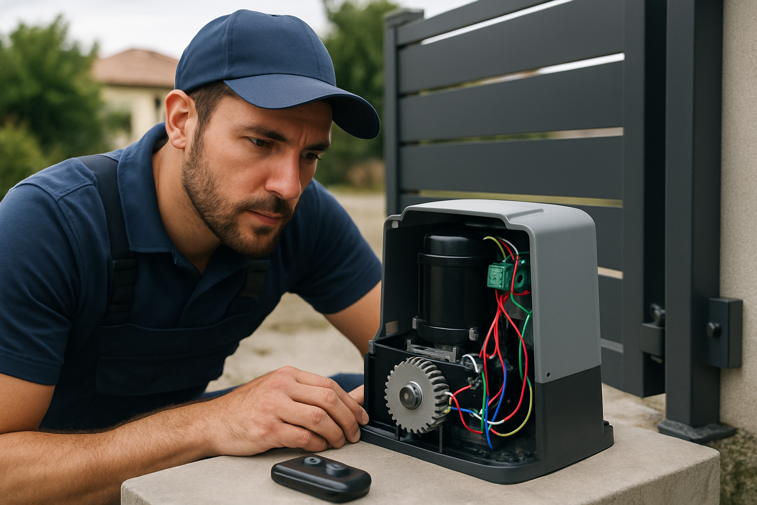 Instalator inspectând unitate de automatizare - înlocuire motor poartă