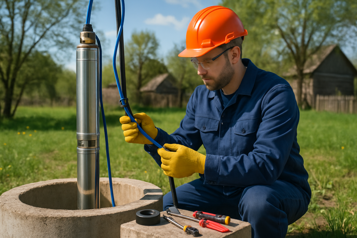 tehnician inspectand o pompa submersibila in put pentru intretinere pompe submersibile