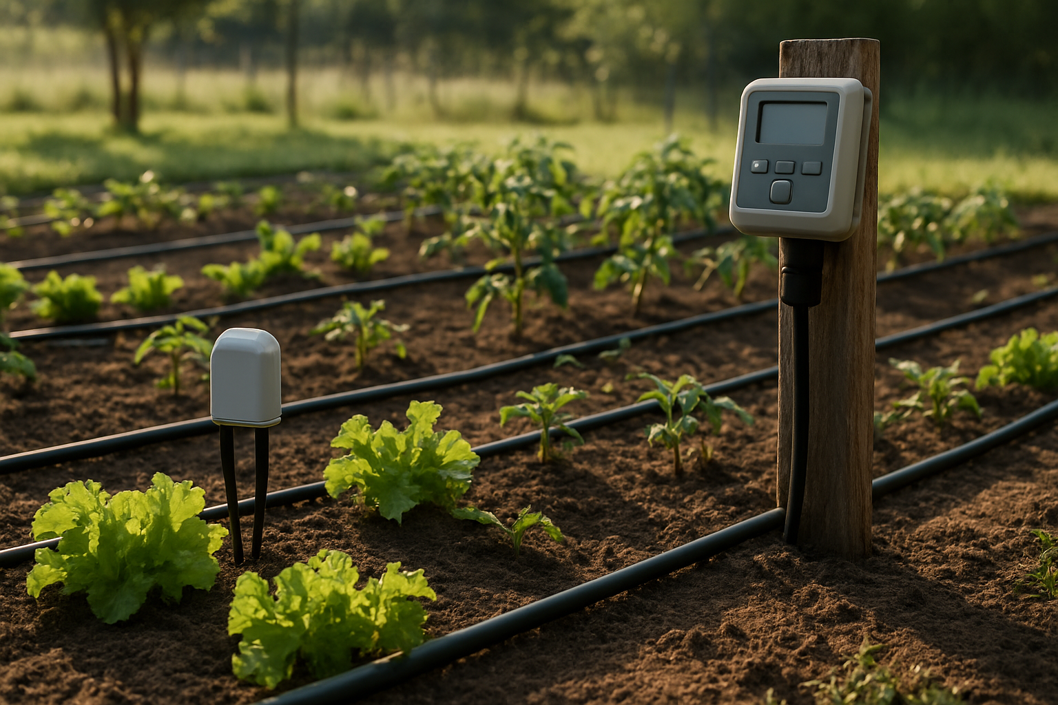 Sistem de irigație cu irigație senzori umiditate instalat lângă plante