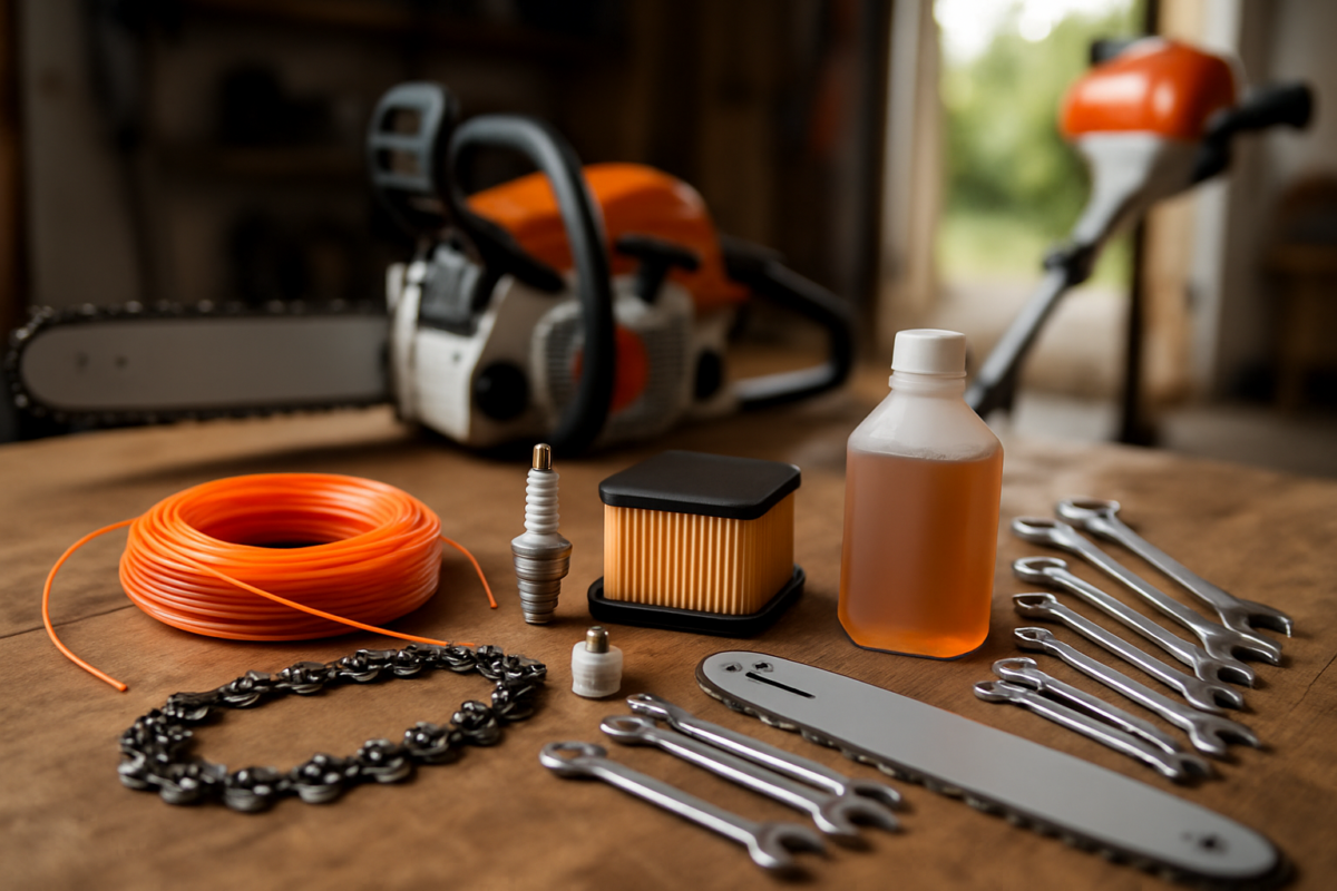 kit întreținere drujbă motocoasă cu lanț, fir nylon, bujie și filtre pe masă