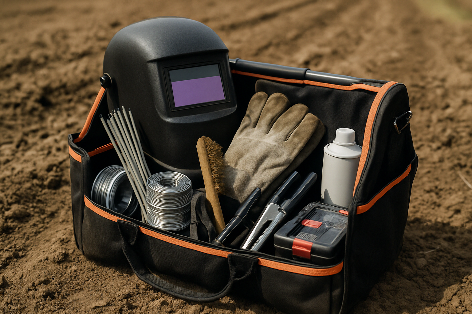 kit mentenanță sudură teren cu mască, electrozi și consumabile pe fundal agricol