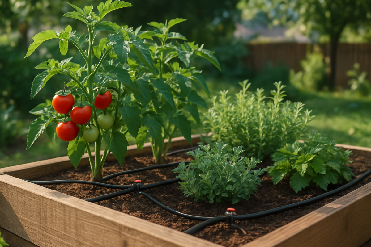 Sistem de microirigații plante recomandate instalat în rândul de tomate și plante aromatice