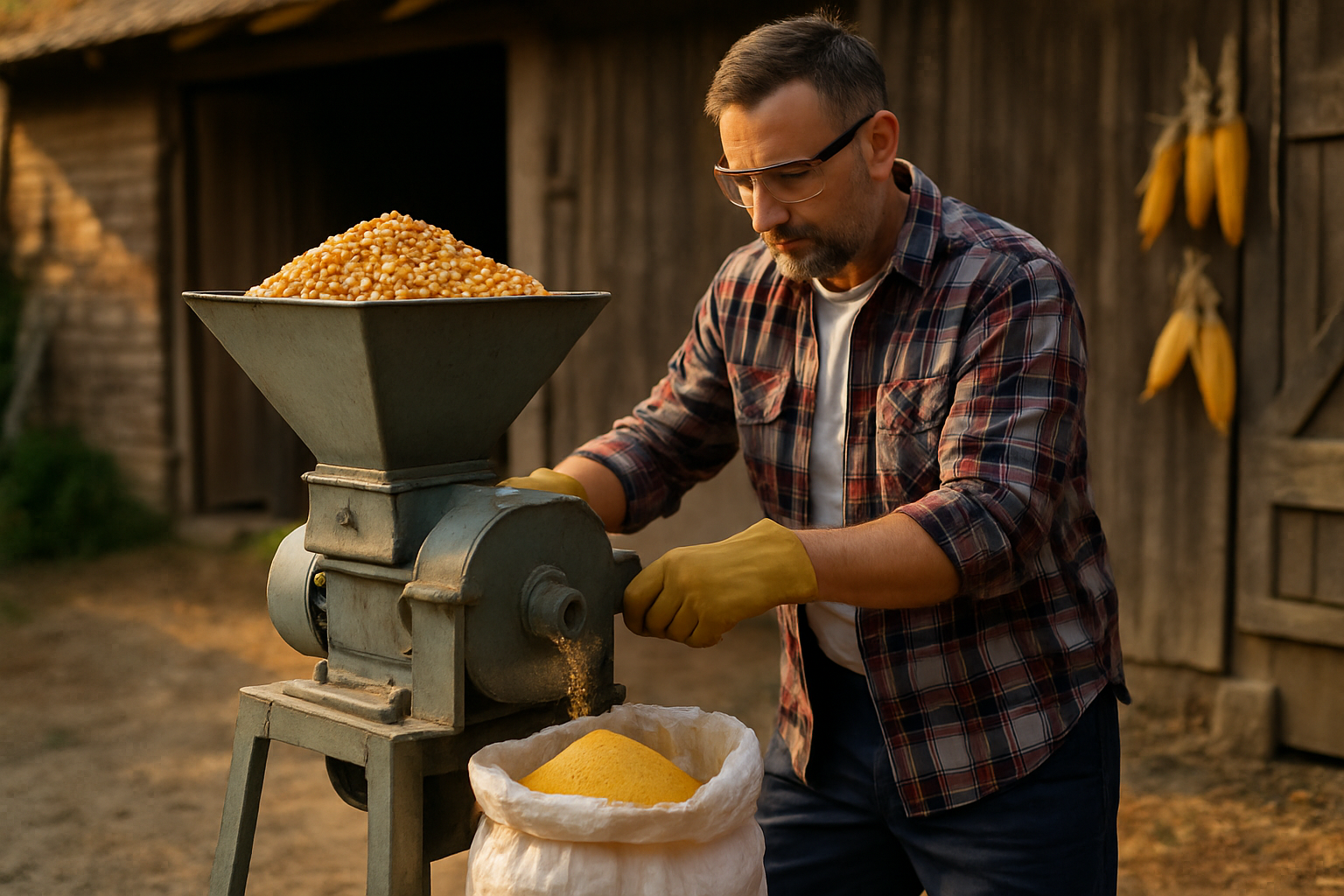 Moară porumb în funcțiune într-o curte rurală - moară porumb pentru gospodărie