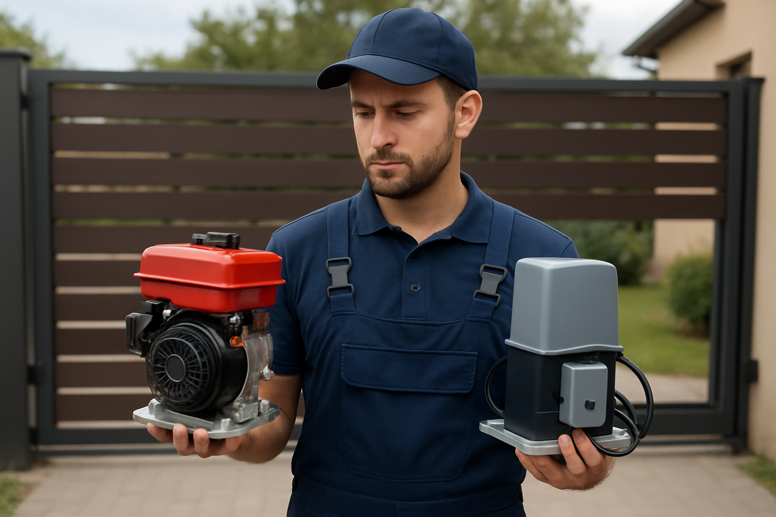 Comparatie motor poartă benzină vs electric montate lângă o poartă culisantă