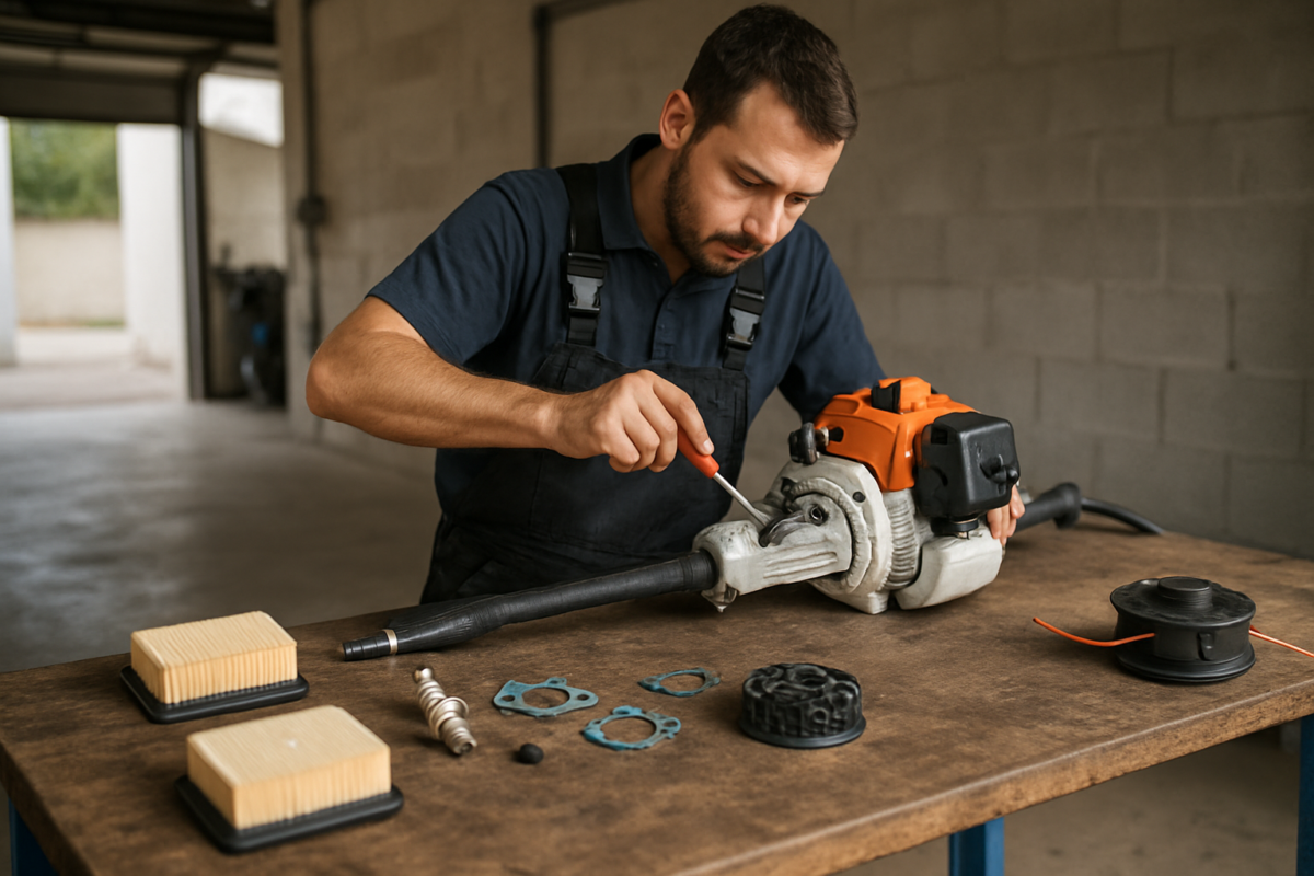 tehnician reparând motocoasă cu piese motocoasă incluse dintr-un pachet reparații motocoasă