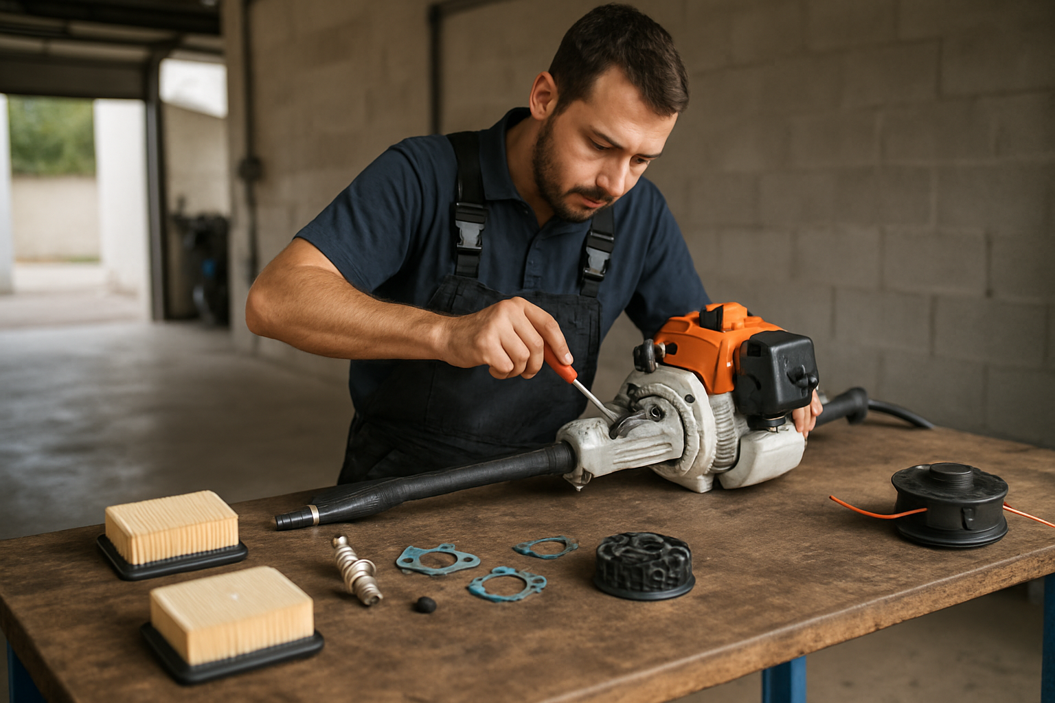 tehnician reparând motocoasă cu piese motocoasă incluse dintr-un pachet reparații motocoasă