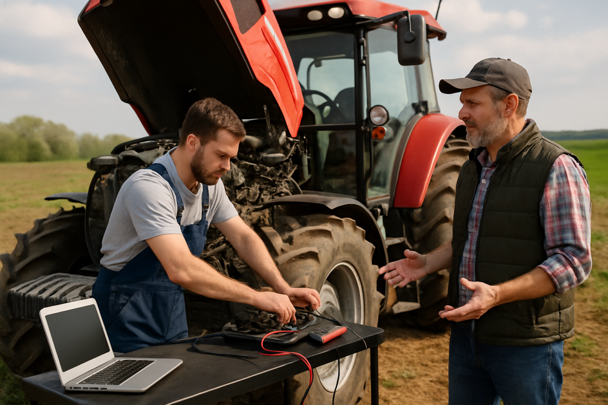 Tehnician inspectând tractor în cadrul pachetelor mentenanță utilaje agricole