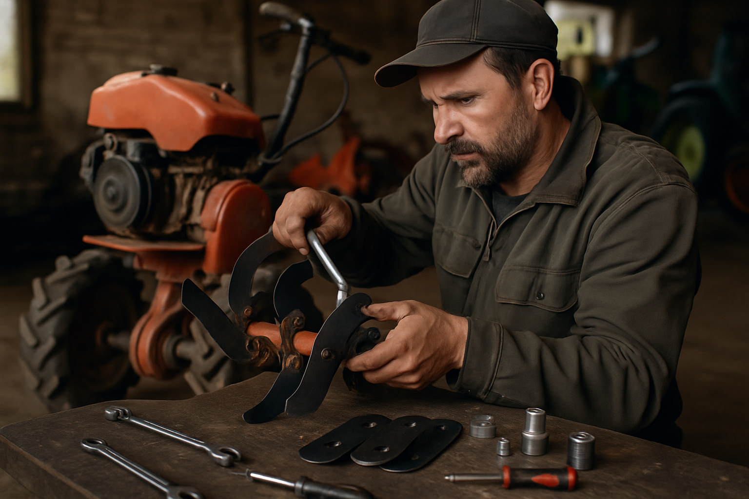 Mecanic înlocuind plăcuțe de freză - piese uzură motocultor
