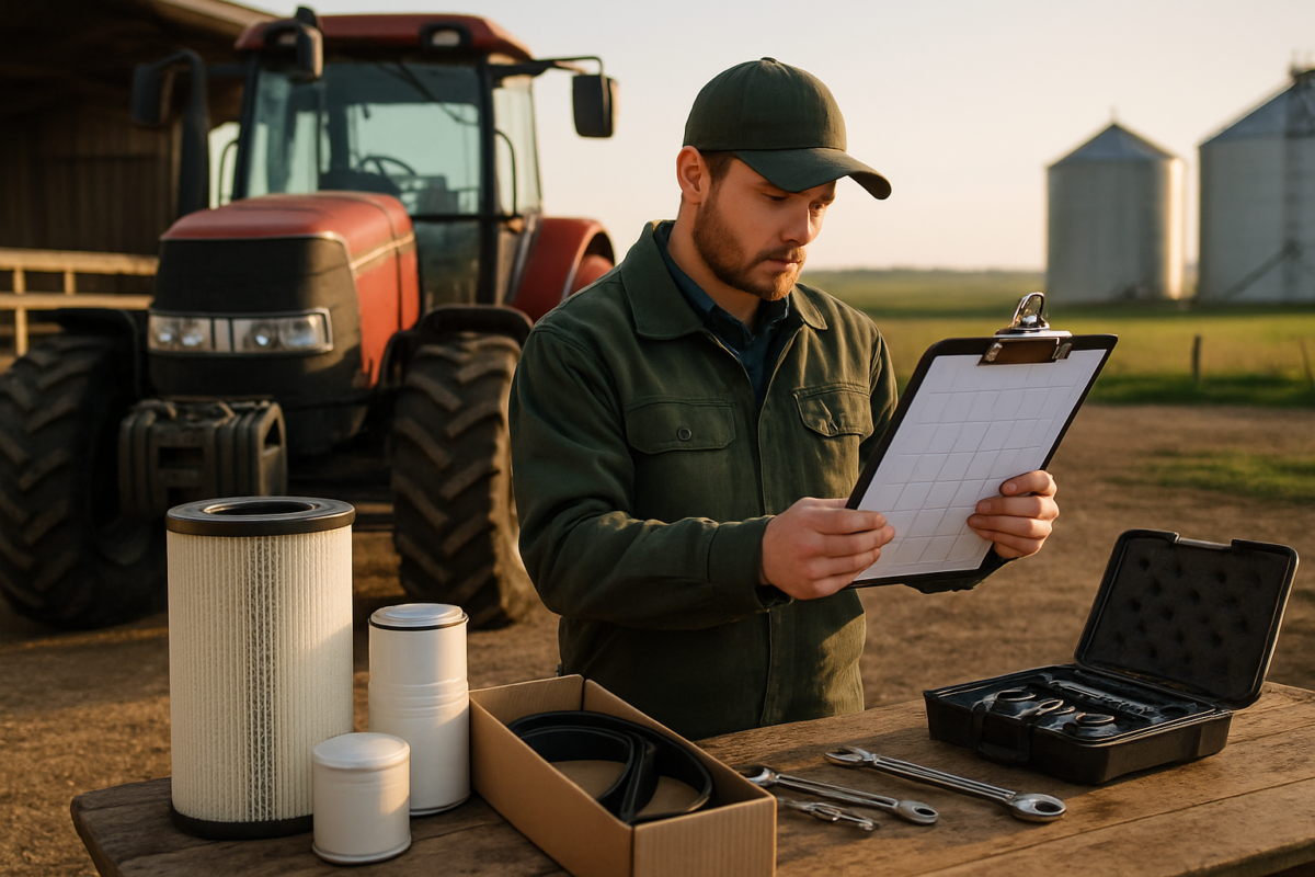 Calendar de întreținere anual utilaje - tehnician verificând tractor și piese de schimb sezonier