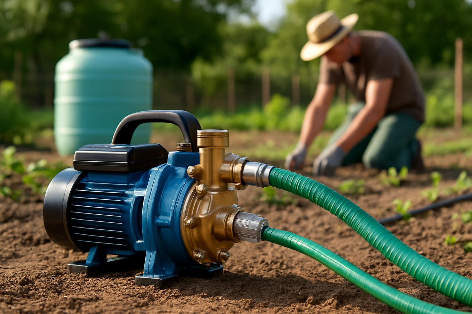 pompă autoamorsantă irigații montată lângă rezervor într-o grădină
