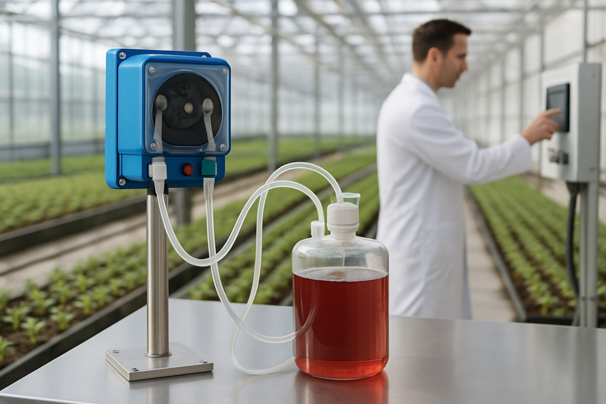 Pompa fertilizare lichidă peristaltică instalată într-o seră, tuburi conectate la rezervor