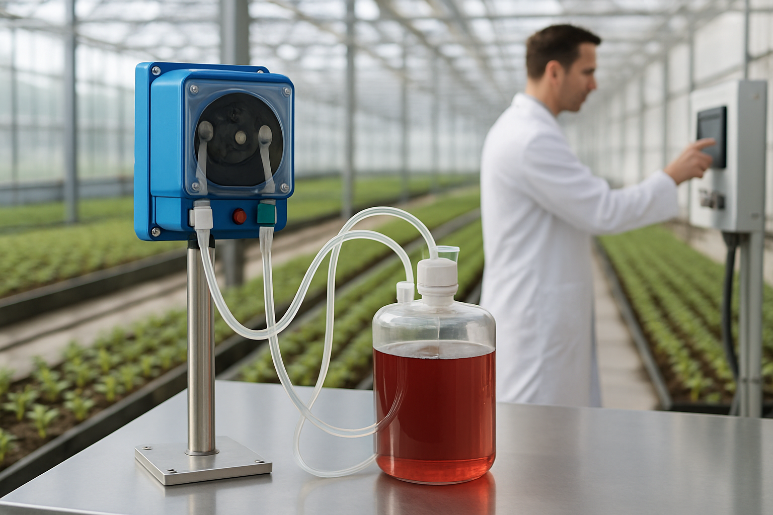 Pompa fertilizare lichidă peristaltică instalată într-o seră, tuburi conectate la rezervor
