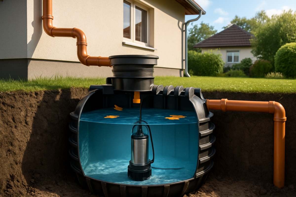pompa tratare ape pluviale submersibila instalata intr-un rezervor de colectare