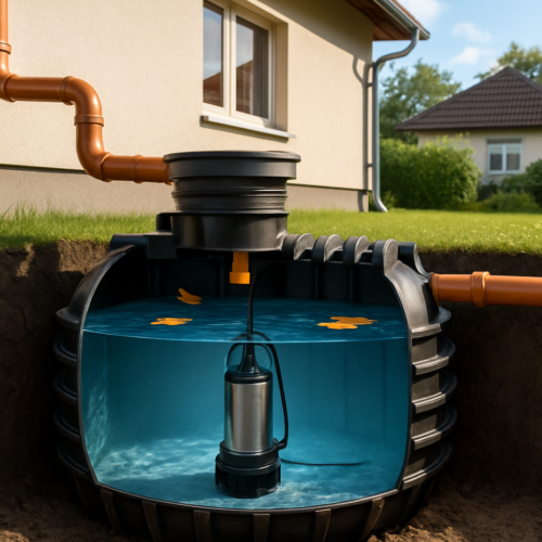 pompa tratare ape pluviale submersibila instalata intr-un rezervor de colectare