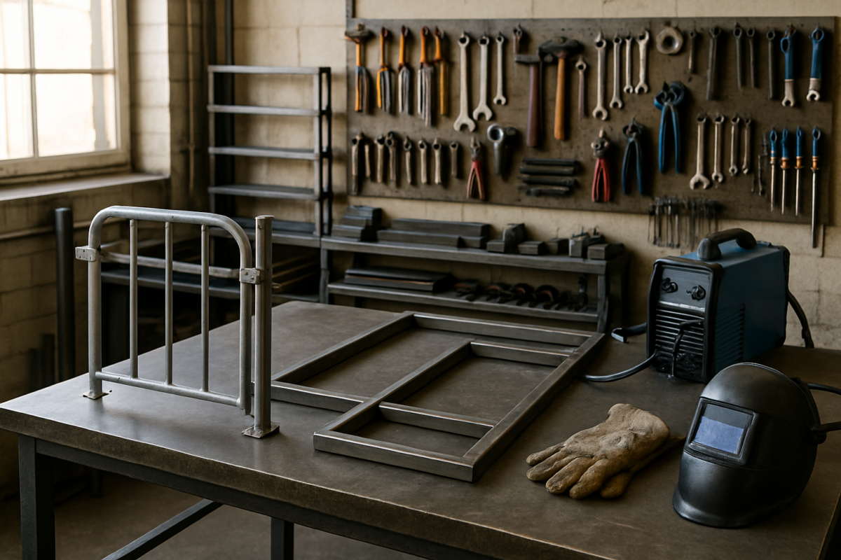 atelier cu proiecte DIY sudură în curs de realizare, poartă şi ramă metalică