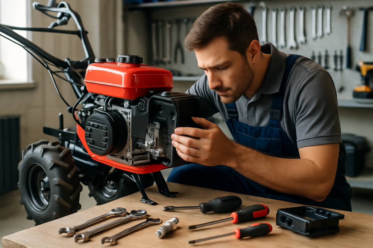 Tehnician inspectând motosapă pentru recondiționare motosapă cost