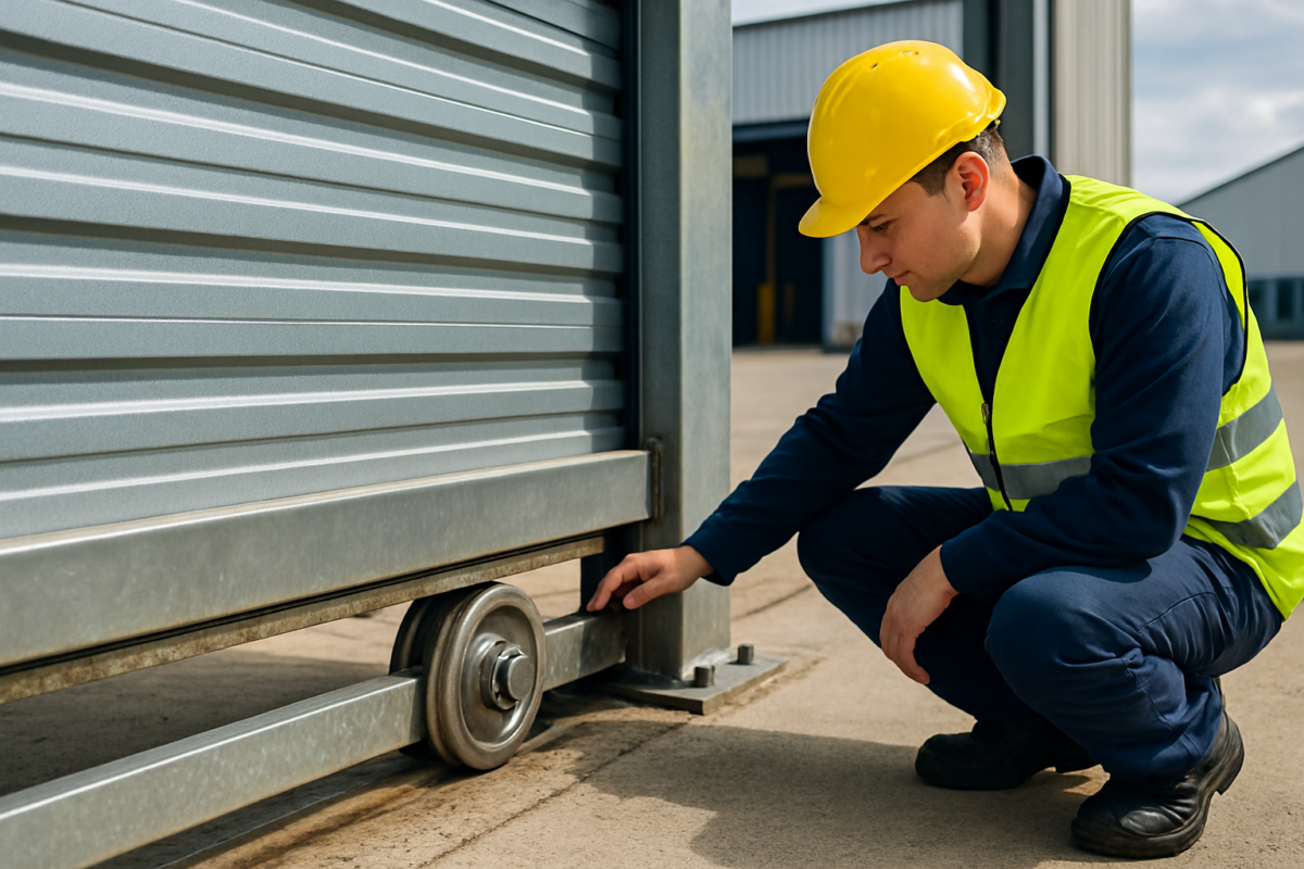 detaliu role poartă culisantă montate pe șină la o poartă industrială