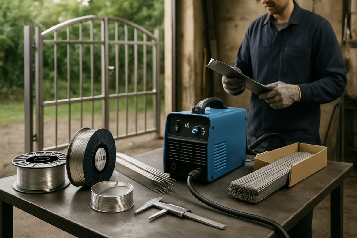 selectie de sârmă sudură inox alegere, electrozi sudură inox și aparat pentru setări sudură inox pe o masă de atelier