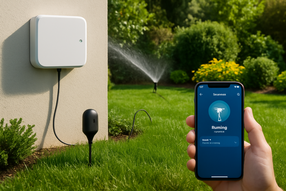 senzori irigare WiFi montat in gradina cu controler irigatii smart si aplicatie pe telefon