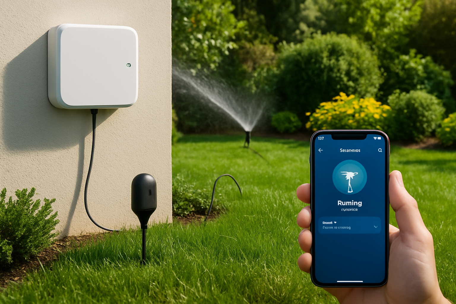 senzori irigare WiFi montat in gradina cu controler irigatii smart si aplicatie pe telefon