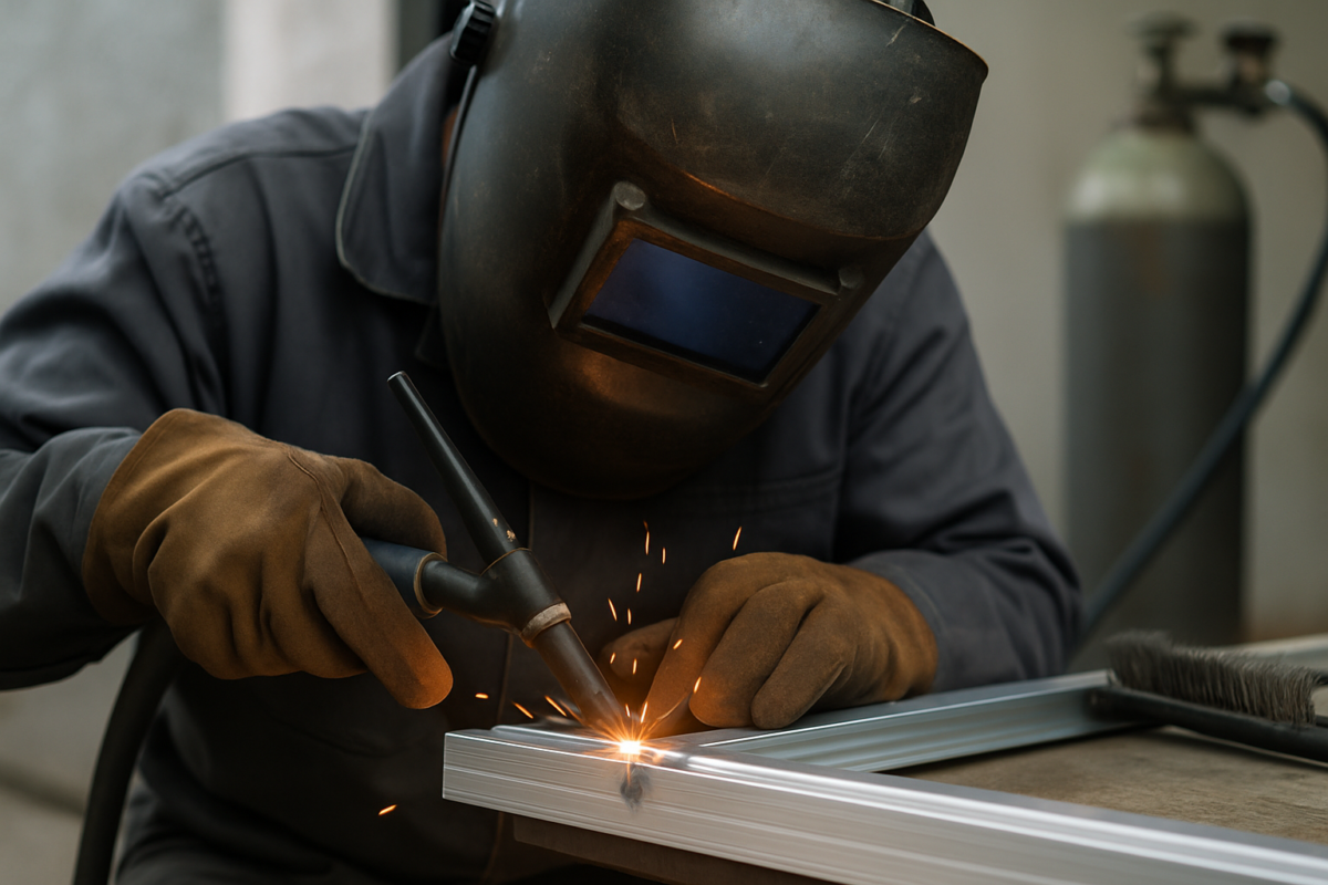 sudură aluminiu consumabile - sudor care topește o bagueta pe o ramă de fereastră din aluminiu