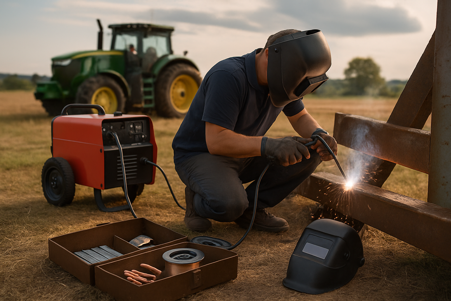 tehnician care folosește un generator sudură portabil pentru sudură portabilă câmp, cu consumabile vizibile