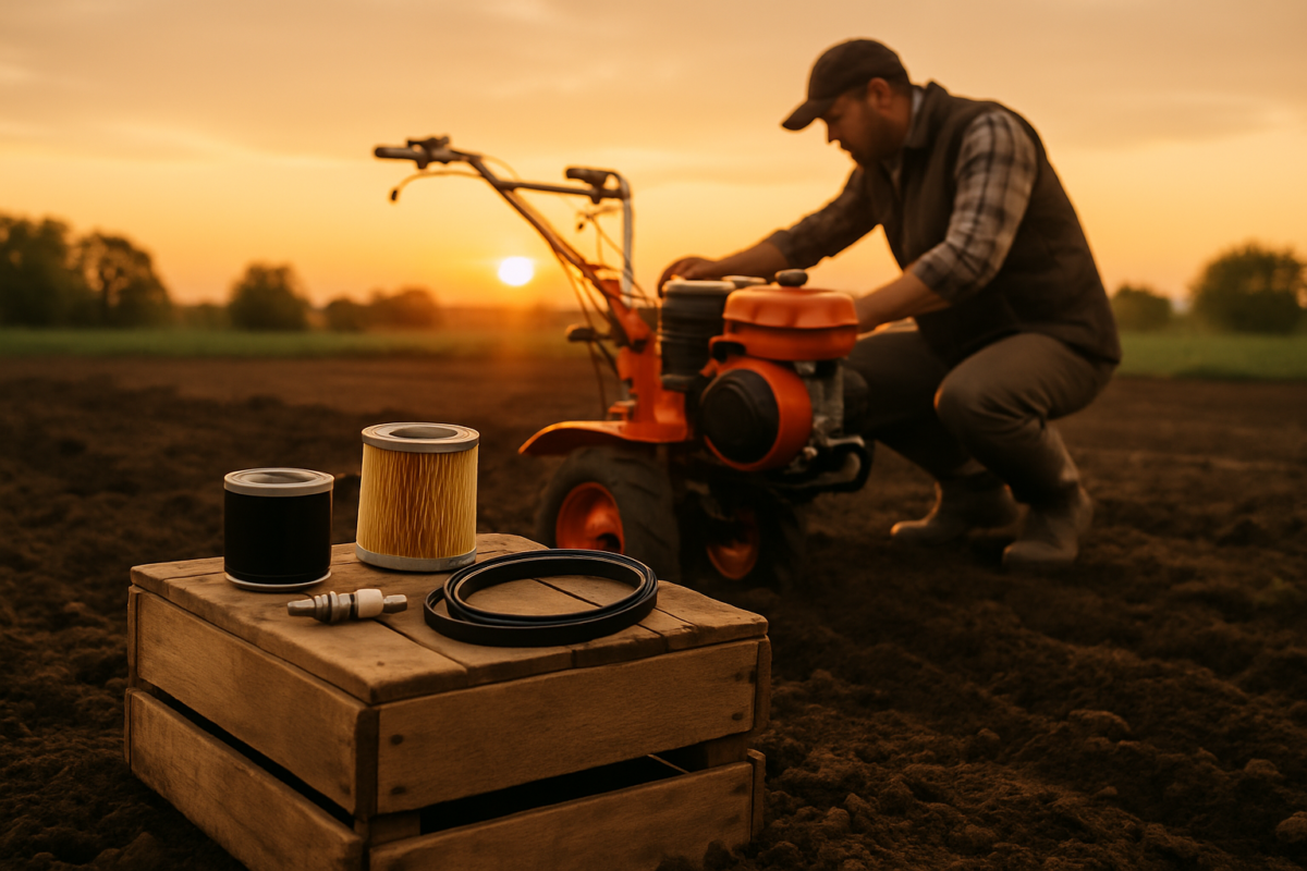 Utilaje agricole motosapă pe câmp cu piese de schimb în prim-plan