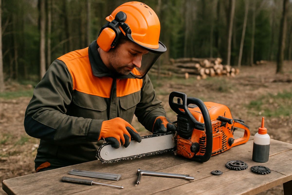 Forestier întreținând o drujbă cu accesorii drujbă profesională: verificare lanț și șină