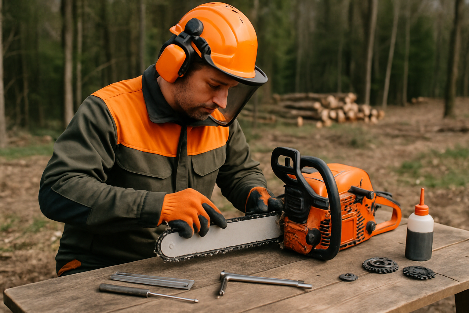 Forestier întreținând o drujbă cu accesorii drujbă profesională: verificare lanț și șină