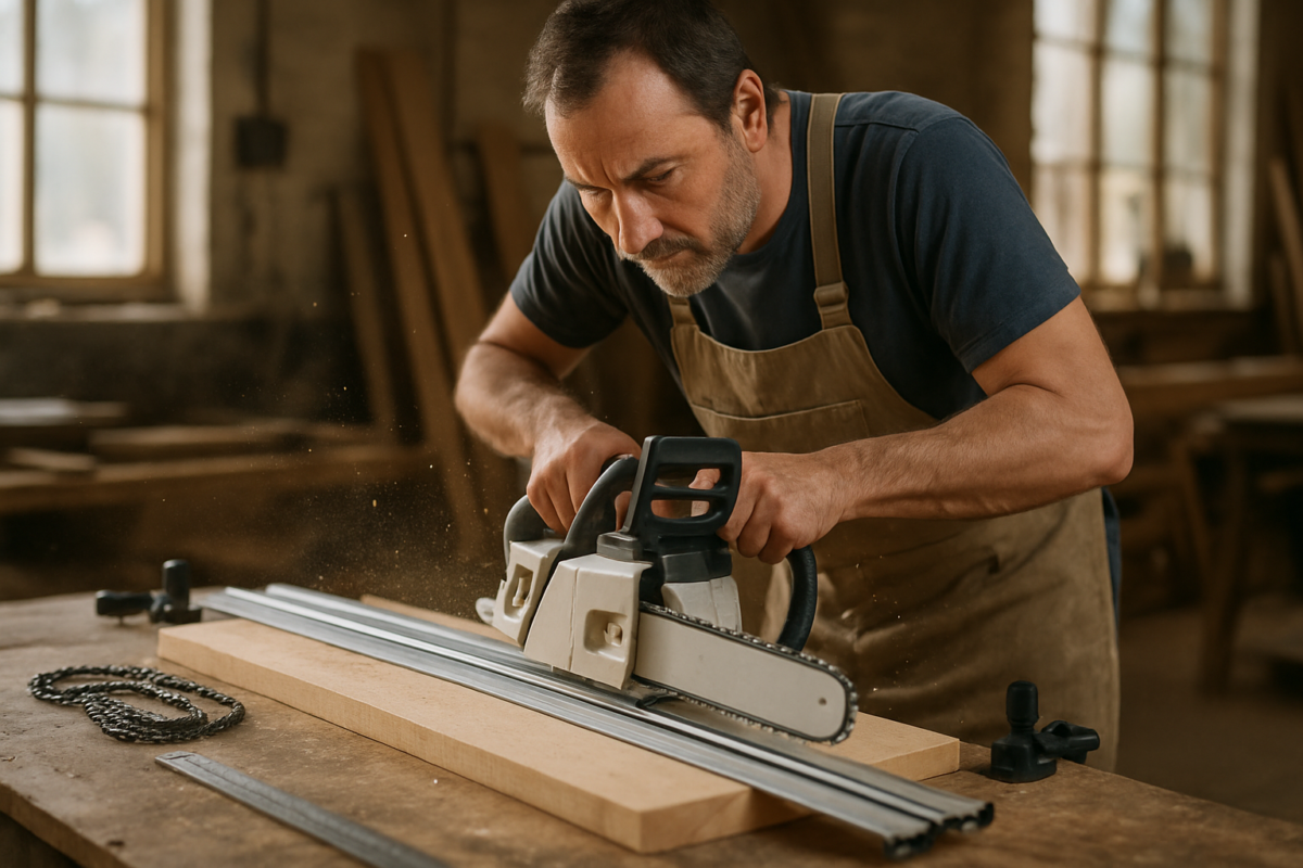 tâmplar folosind accesorii drujbă tâmplărie cu șină specială lanț pentru tăieri precise