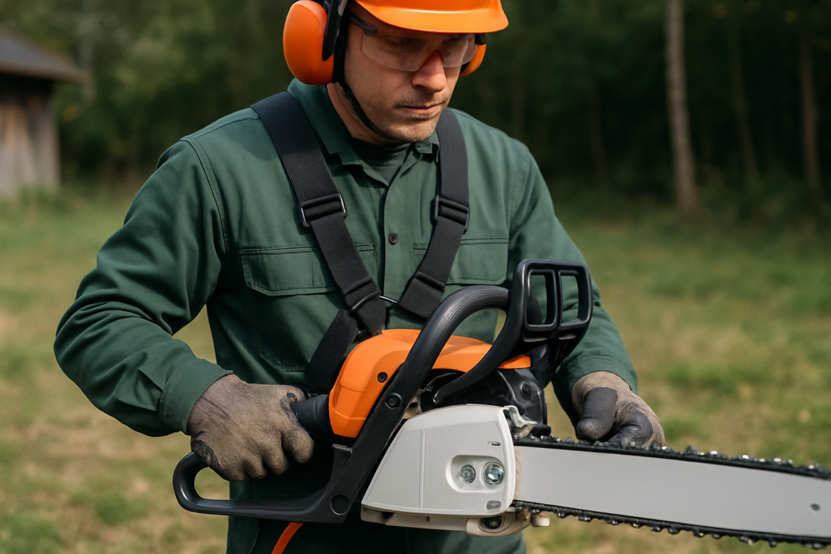 Operator folosind drujbă echipată cu accesorii ergonomice drujbă — mânere ergonomice, sistem antivibrație și ham dublu