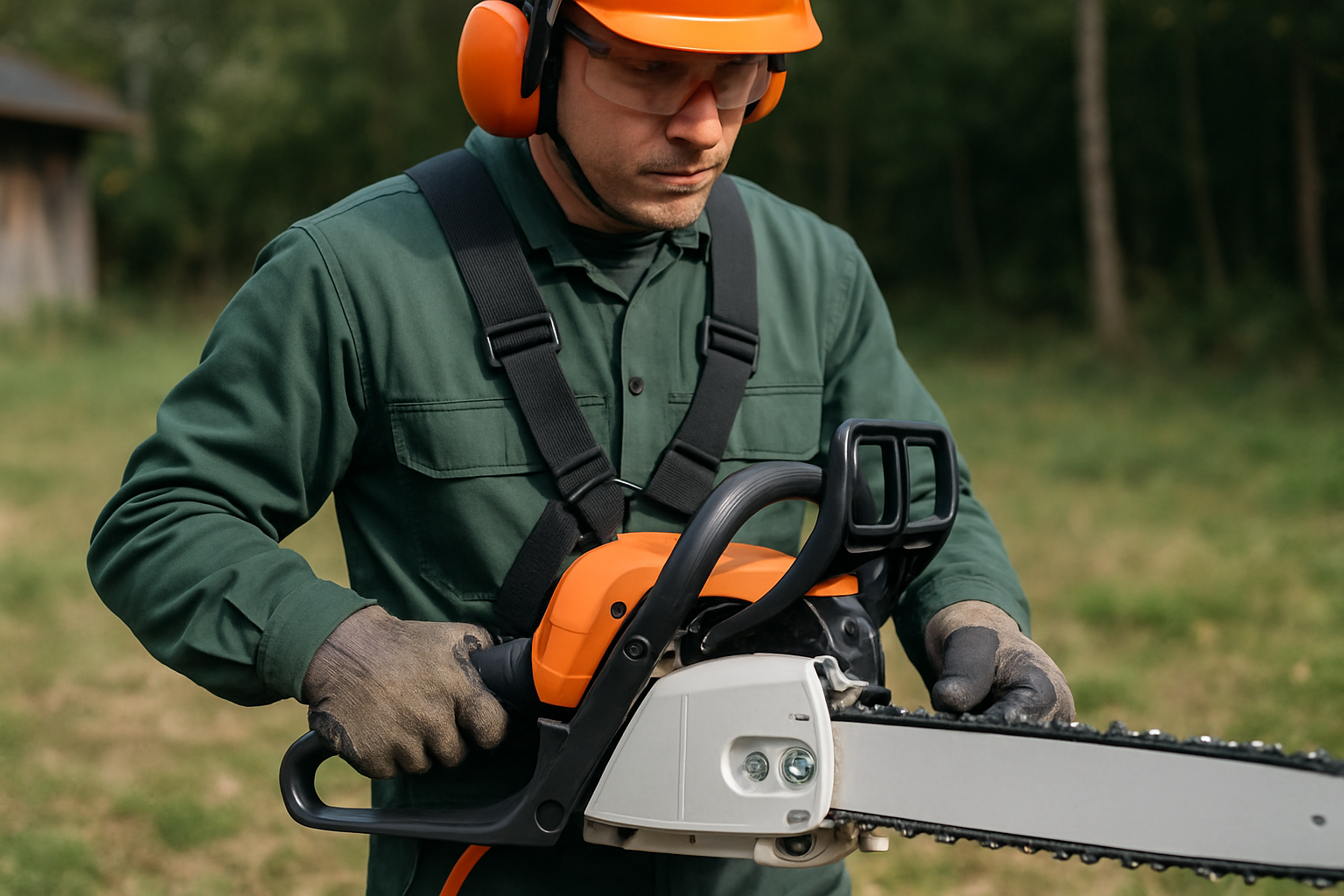 Operator folosind drujbă echipată cu accesorii ergonomice drujbă — mânere ergonomice, sistem antivibrație și ham dublu